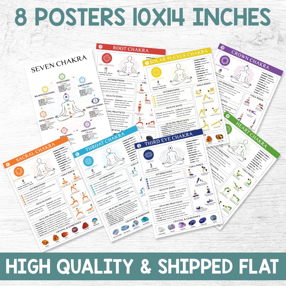 8pcs Chakra Poster (10"x14"), Yoga Poses Poster for Beginner, Spiritual Gifts for Women, 7 Chakra Decor Wall Art For Yoga Studio, Meditation Corner, Reiki Room Home Decorations