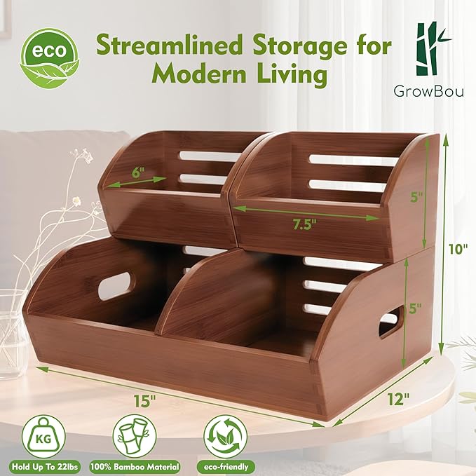 Potato and Onion Storage Bin for Pantry and Kitchen, Ventilated Stackable Bamboo Storage Bins with Handles - Multipurpose Organizers, Produce Containers for Bread, Vegetable, Fruit (Walnut, 3 Pack)