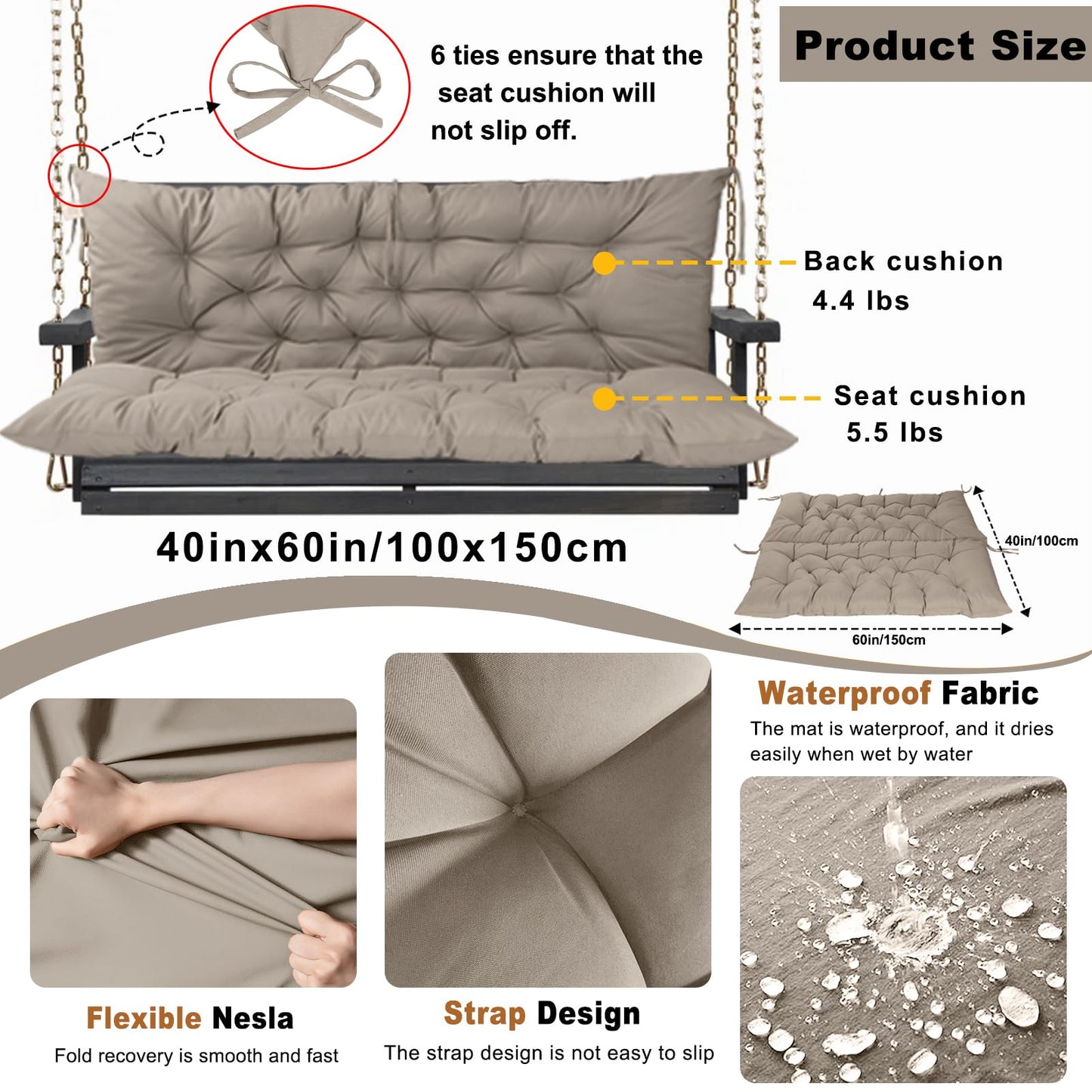 HIYEN Porch Swing Cushions 3 Seater Replacement, Waterproof Bench Cushions for Outdoor Furniture with Backrest, 4" Thickened Patio Swing Cushion with Ties (Khaki, 60 * 40 inch)