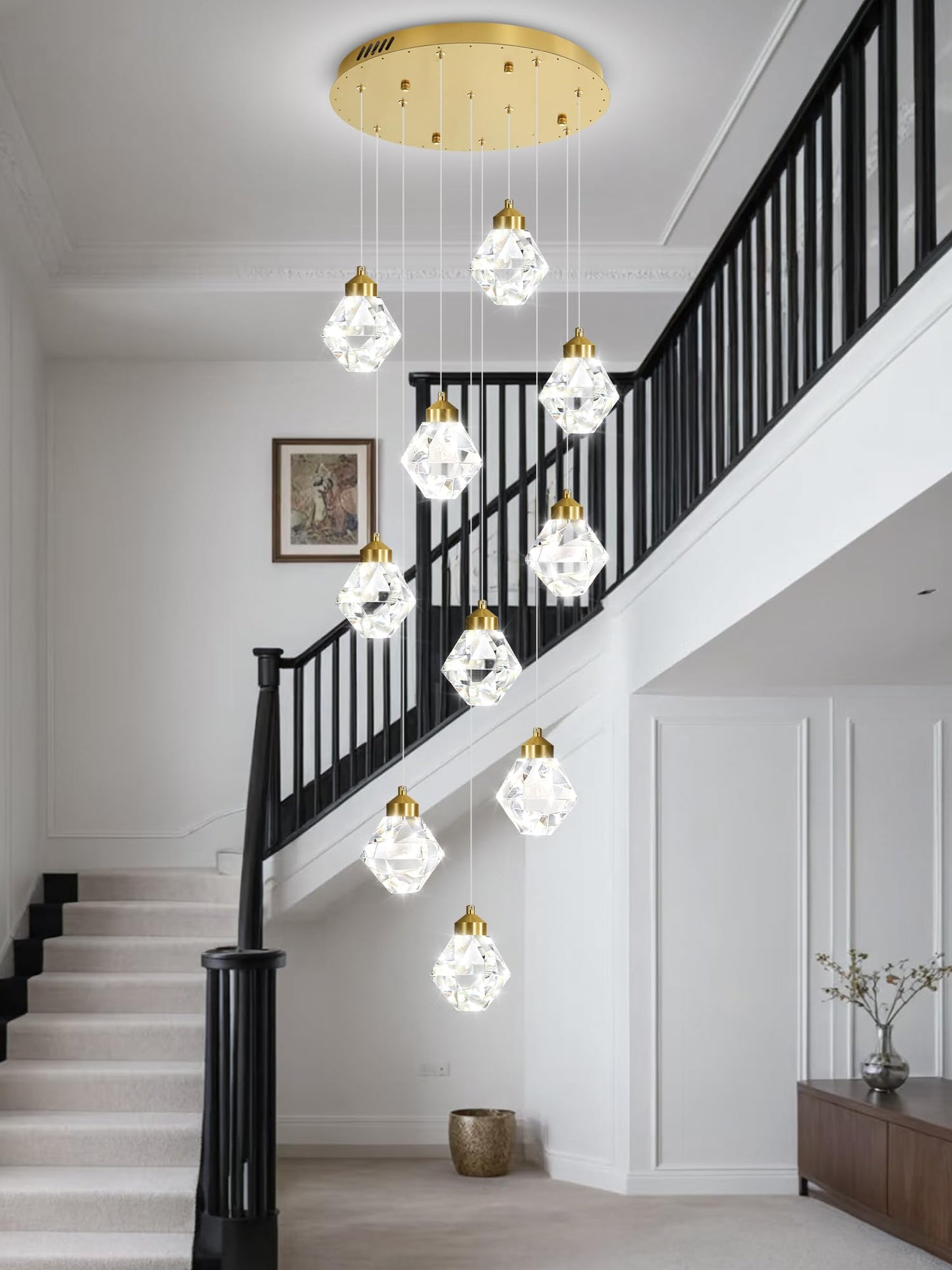 Shial Lighting 10-Light Modern Chandelier for Entrance Crystal Chandeliers for Living Room Gold Pendant Light Fixture Staircase Chandeliers for High Ceilings Dimmable LED Hanging Light with Remote