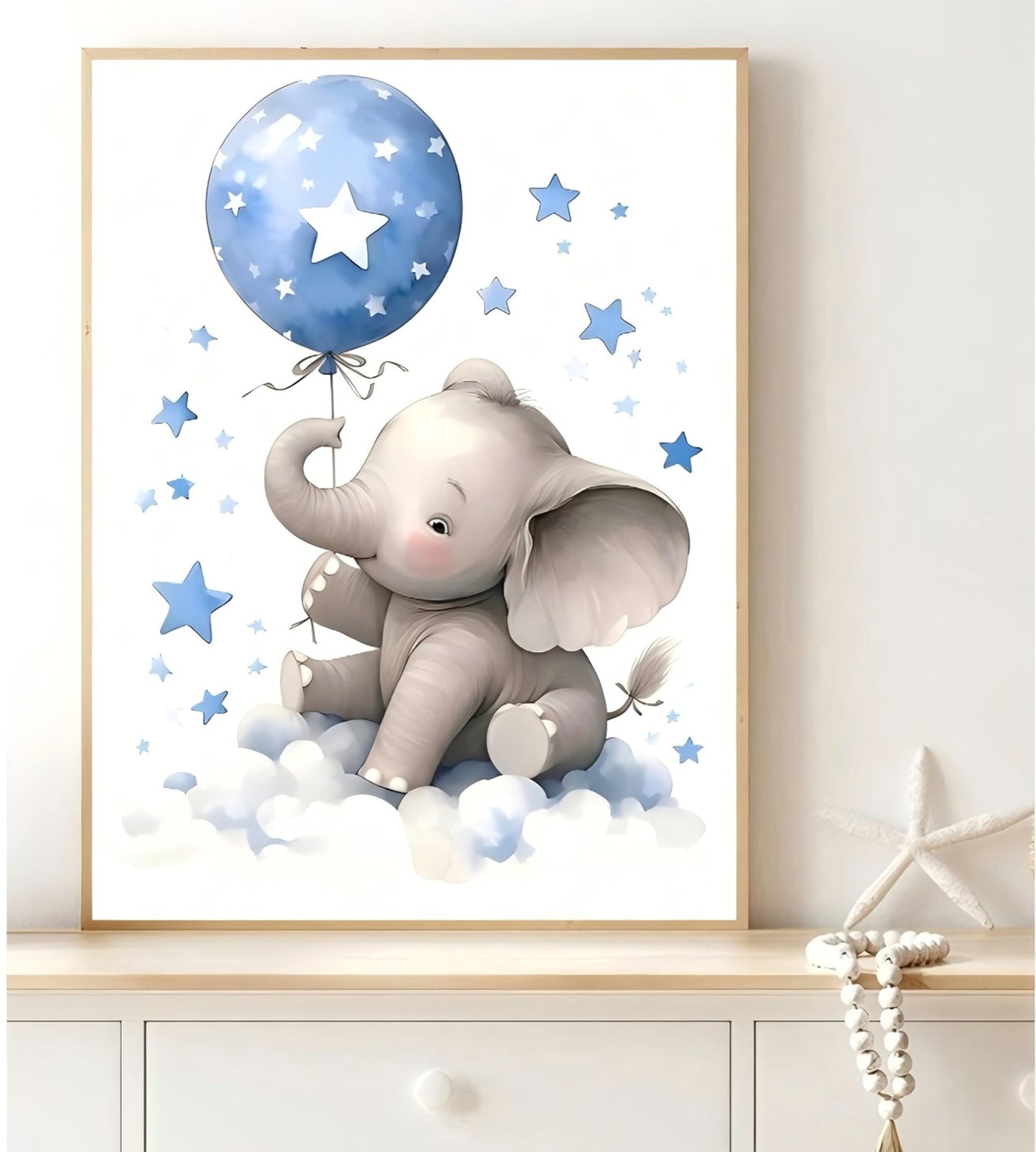 3Pcs Blue Nursery Elephant Canvas Wall Art Baby Boy Wall Decor Cute Animal Painting Pictures Moon And Stars Balloon Poster Prints for Nursery Classroom Kids Room Bedroom Home Decoration 12X16unframed