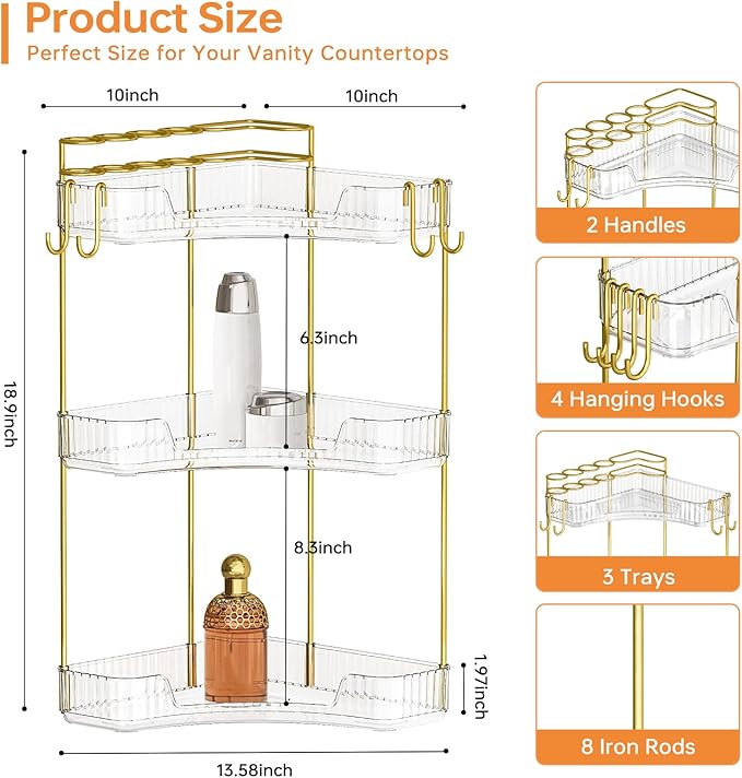 3-Tier Corner Bathroom Counter Organizer，Makeup & Skincare Shelf with Built-in Brush Holder，Space-Saving Bathroom Countertop Organizer for Skincare, Perfume, Cosmetics(Clear)