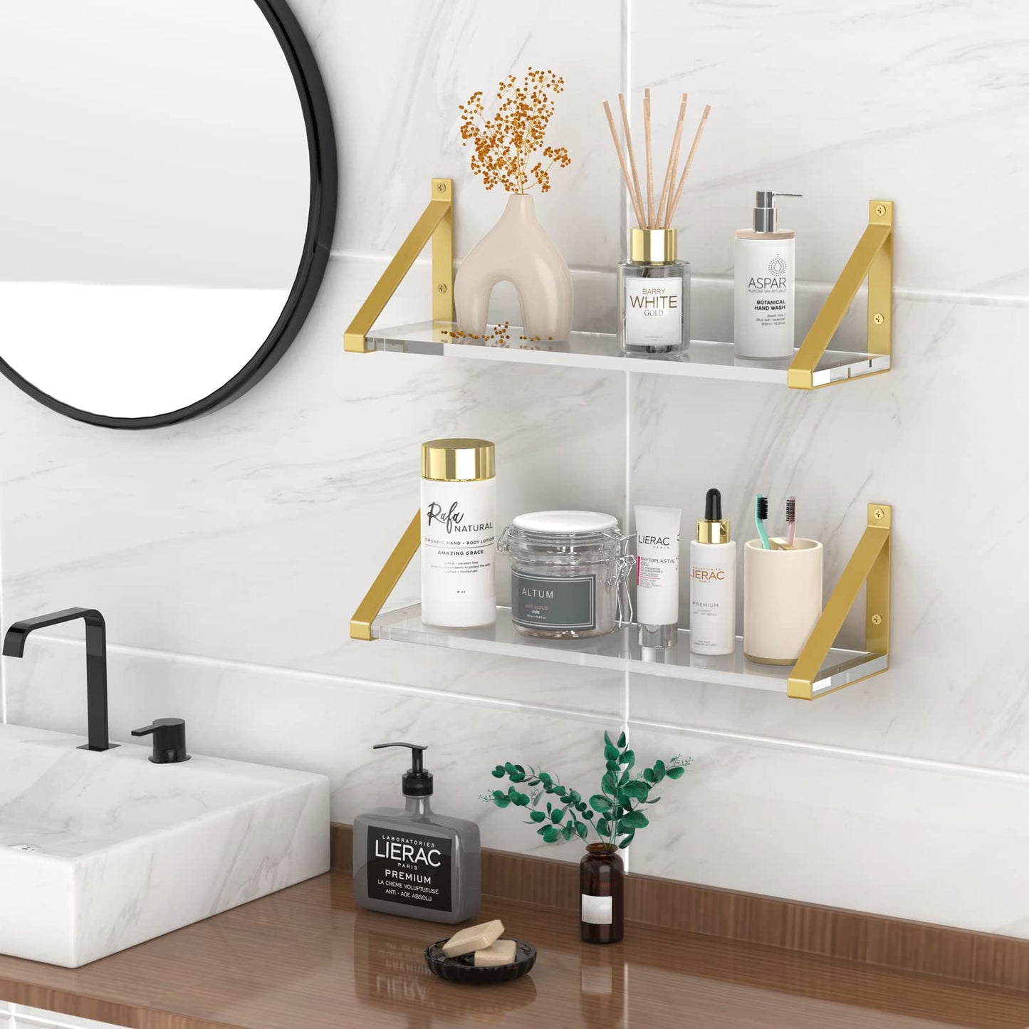Cilinta Clear Shelves, Gold Floating Shelves Wall Mounted Set of 2, 8mm Transparent Acrylic, Invisible Wall Shelves for Bedroom, Living Room, Bathroom, Kitchen, Office Display Decor (13in)