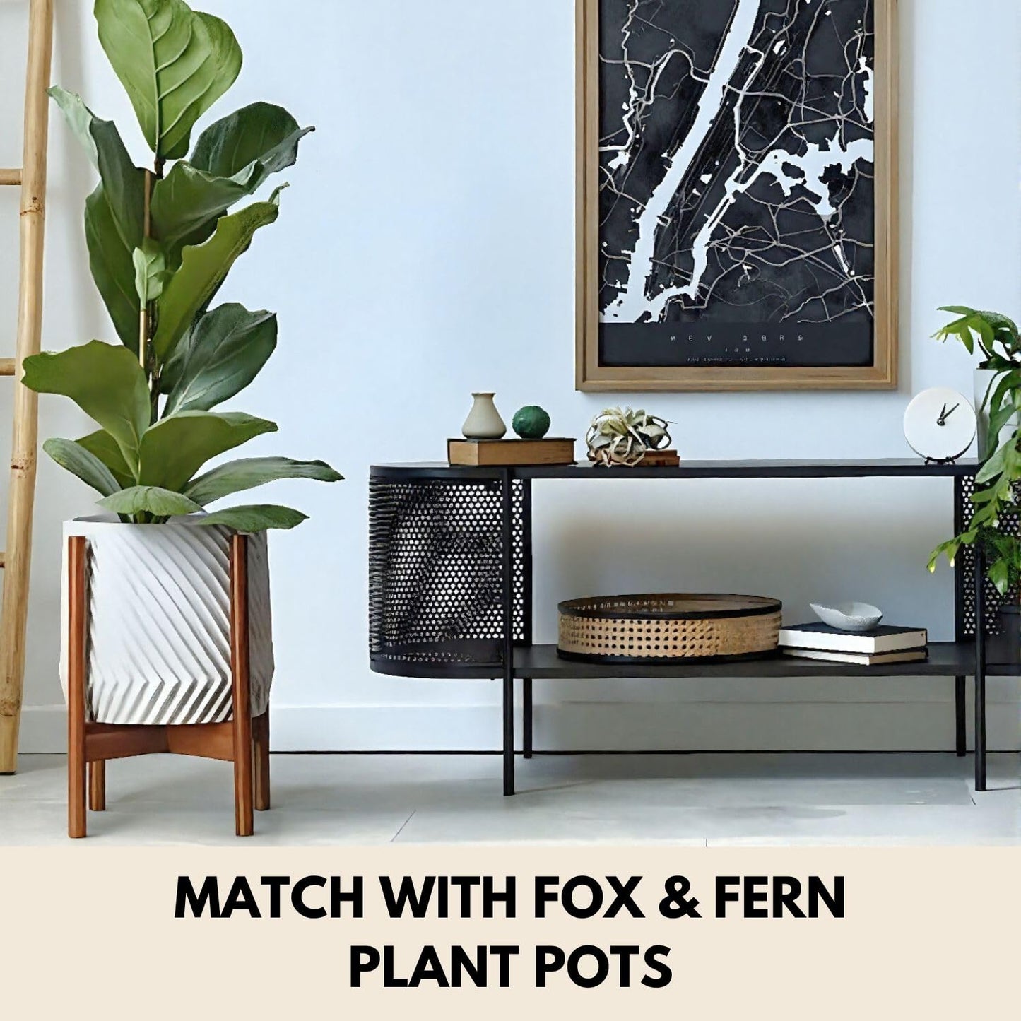 Fox & Fern Large Adjustable Plant Stand Indoor — 11 to 15 Inch Mid Century Bamboo Plant Stand - Plug In Design - Easy to Assemble - Two Heights - For 11, 12, 13, 14 & 15 Inch Pots (Not Included)
