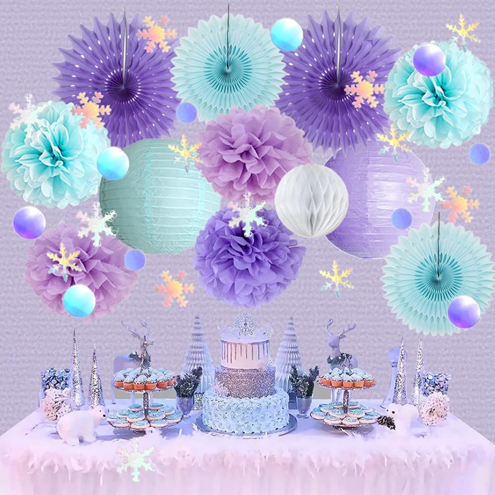 Winter Wonderland Decorations Snowflake Fans Blue Purple White Winter Birthday Bridal Shower Baby Shower Decorations with Confetti Table for Wonderland Snowflake Engagement Wedding Bachelorette Party