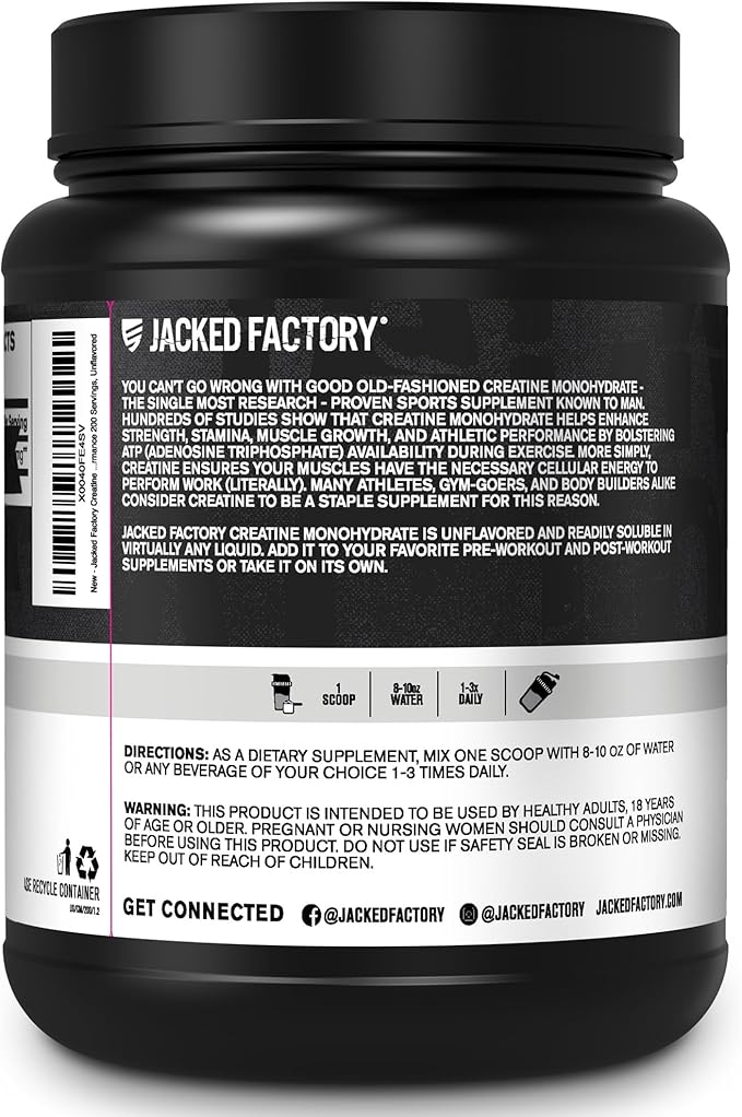 Jacked Factory Creatine Monohydrate Powder 1000g - 5g Daily Creatine Supplement for Men and Women, Vegan-Friendly, Third-Party Tested - 200 Servings, Unflavored