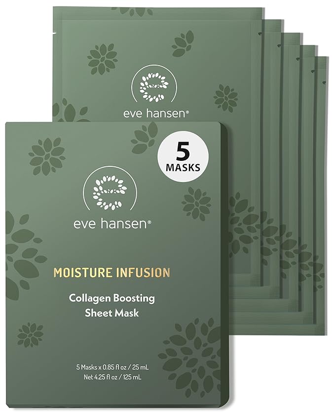 Eve Hansen Collagen Face Mask Sheets Set of 5 ??Hydrating & Nourishing Care for All Skin Types ??With Hyaluronic Acid, Tangerine Peel, Blueberry Extract & Spinach Leaf