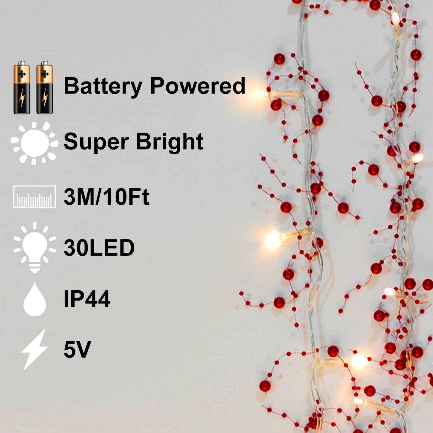 TURNMEON 10 Ft 30 LED Red Christmas Garland with Lights Timer Beaded Garland Christmas Lights Battery Operated Festive Lighted Xmas Garland Christmas Decor for Home Mantle Fireplace Table Party Decor