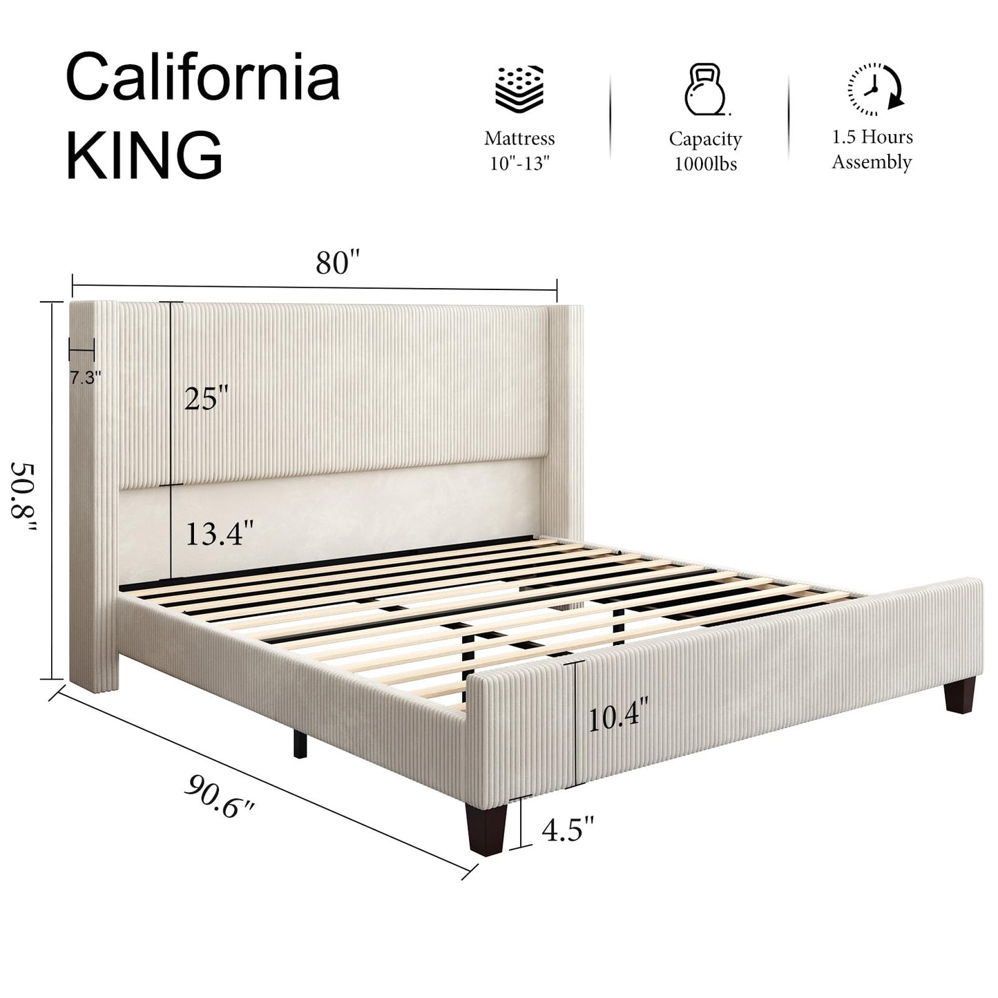 HOWE California King Bed Frame with 50.8" Tall Wingback Headboard, Modern Corduroy Upholstered Platform Bed Frame with Solid Wood Slats & Legs, No Box Spring Needed, Noise-Reducing Design, Cream