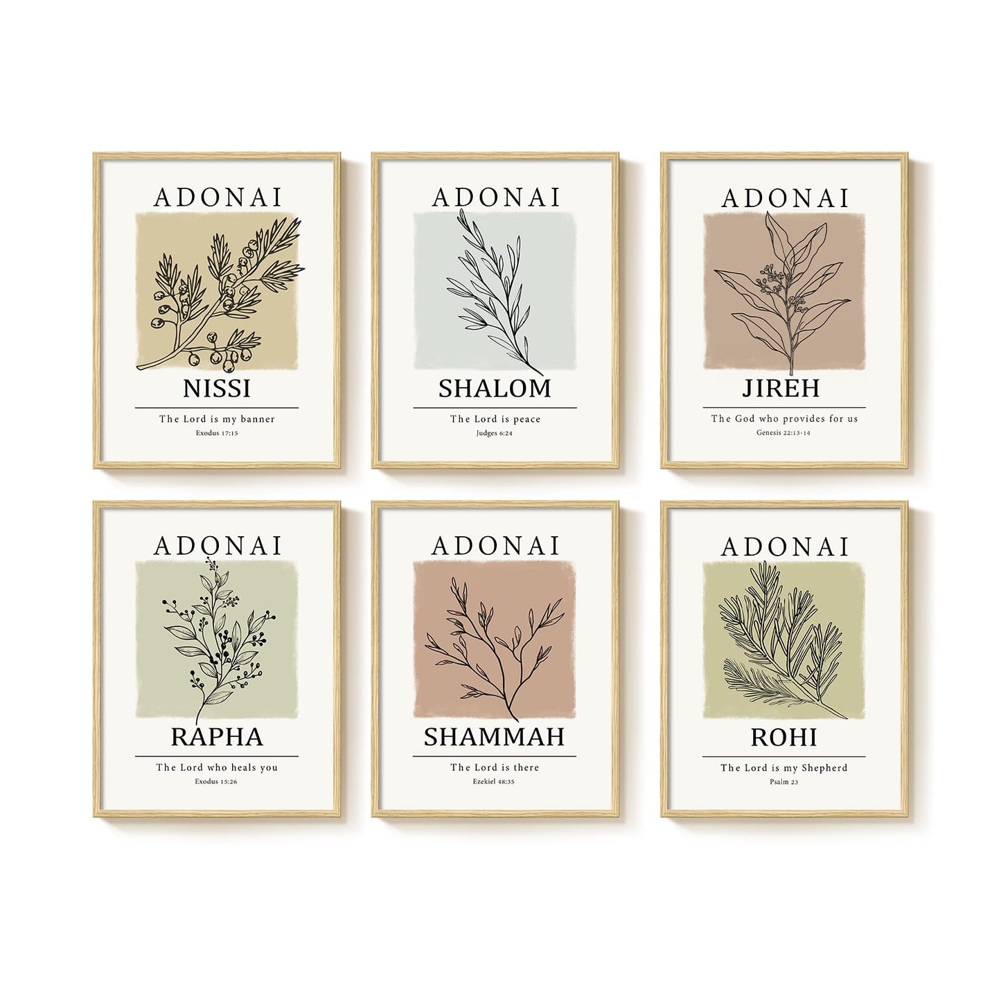 Framed Christian Scripture Wall Art, Set of 6 Minimalist Bible Verse Prints, Names of God Faith Based Neutral Boho Botanical Leaf Artwork for Bedroom Living Room Office Hallway Home Decor, 11x14 Inch