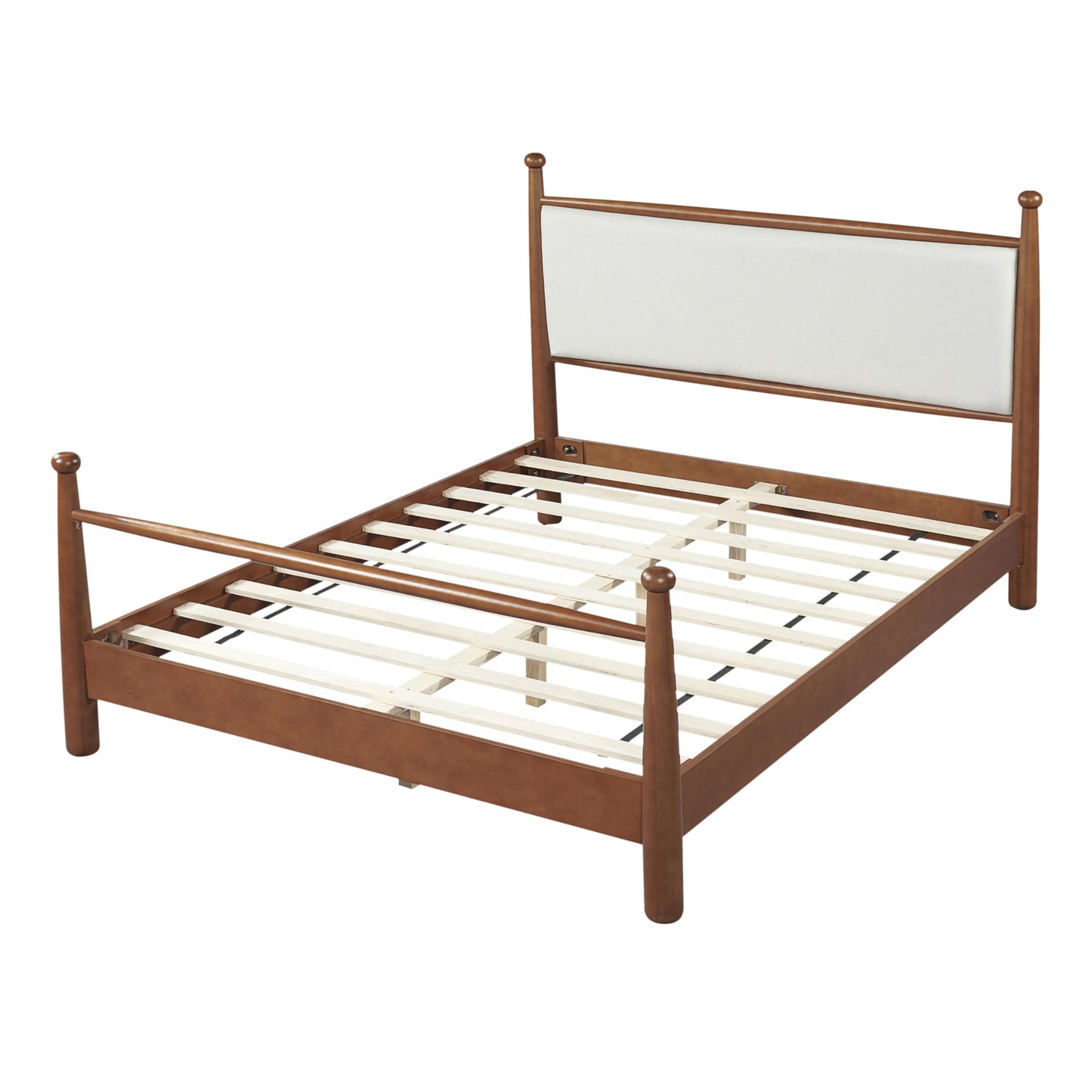 Merax Modern Queen Size Solid Wood Platform Bed with Upholstered Headboard, Mid-Century Low Bed Frame with Sturdy Wood Legs/No Box Spring Needed/Easy Assembly, Beige+Walnut