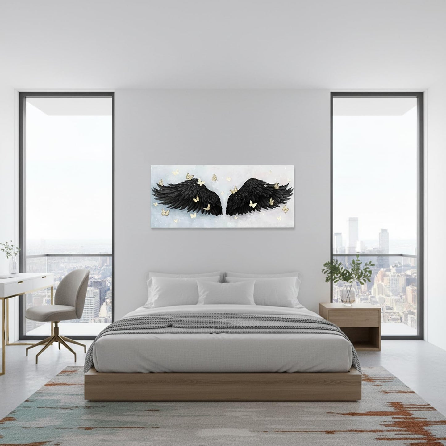 LevvArts Angel Wings Wall Art Canvas Black and Gold Bedroom Decor Contemporary Woman Room Painting Decoration 20"x48"