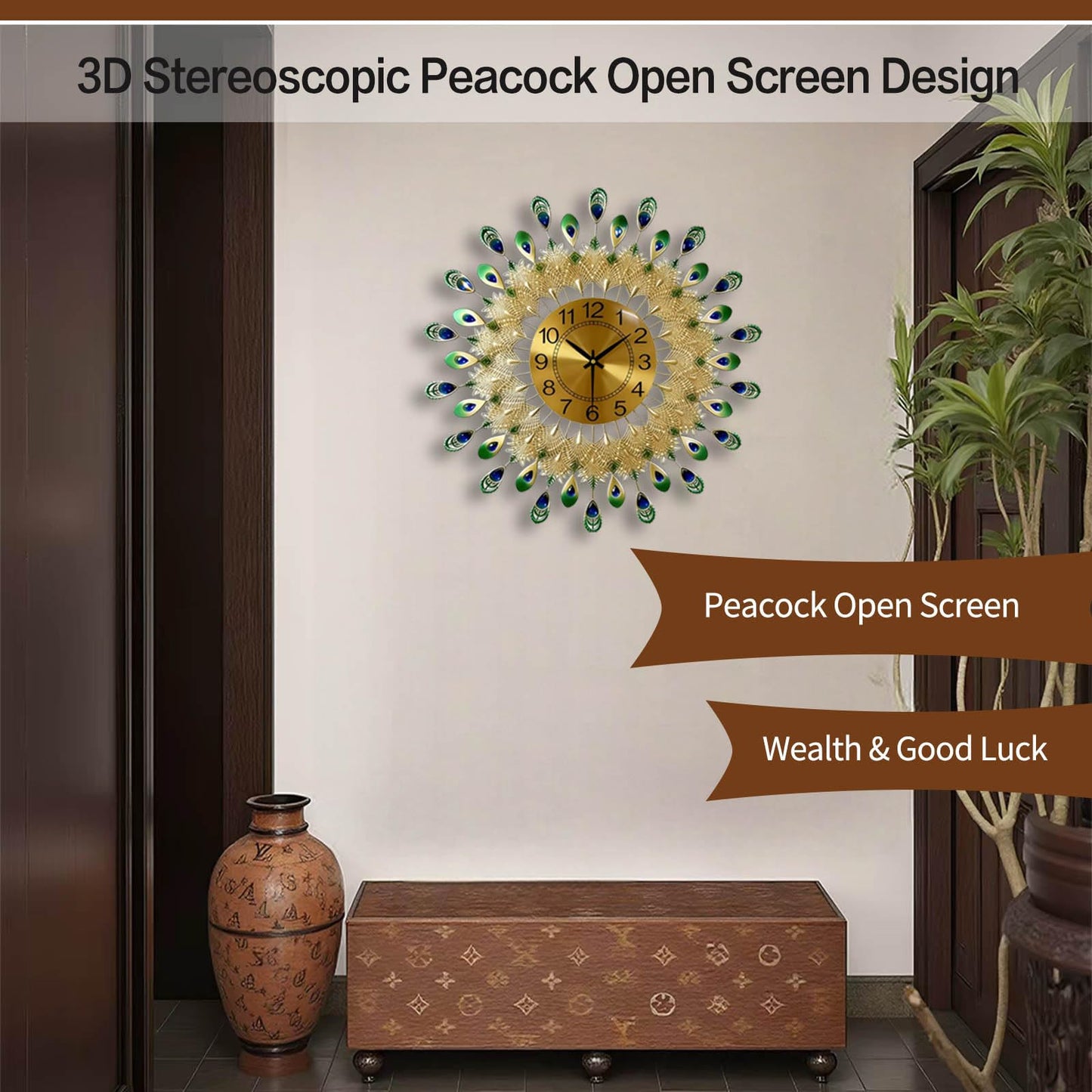 LIYUANSI Large Peacock Wall Clock,Non-Ticking Silent Creative Personality Modern Art Decorative Wall Clocks,for Living Room Bedroom Dining Room Decor,Dia 20 inch