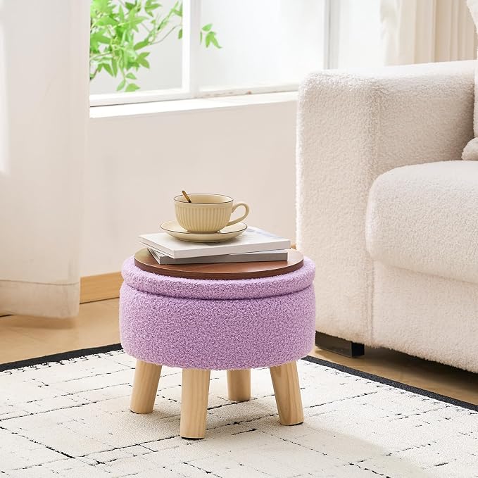 Wimarsbon Storage Ottoman, Modern Round Footrest with Soft Padded Seat, Teddy Velvet Footstool with Wood Legs, Accent Small Table or Plant Stand for Hallway, Living Room (Purple)