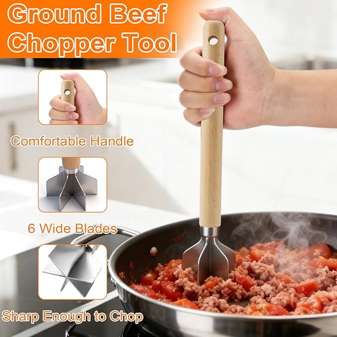 Palksky Ground Beef Masher, Stainless Steel Hamburger Smasher Tool with Wooden Handle, 6-Blade Heavy-Duty Kitchen Tool for Beef, Turkey, Potatoes & More