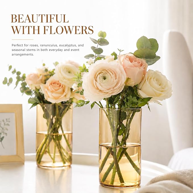 TBWIND 12pcs Gold Amber Glass Cylinder Vases for Centerpieces, 6 Inch Bulk Flower Vases for Wedding Decorations, Hurricane Candle Holder for Floating Candles and Table Home Decor