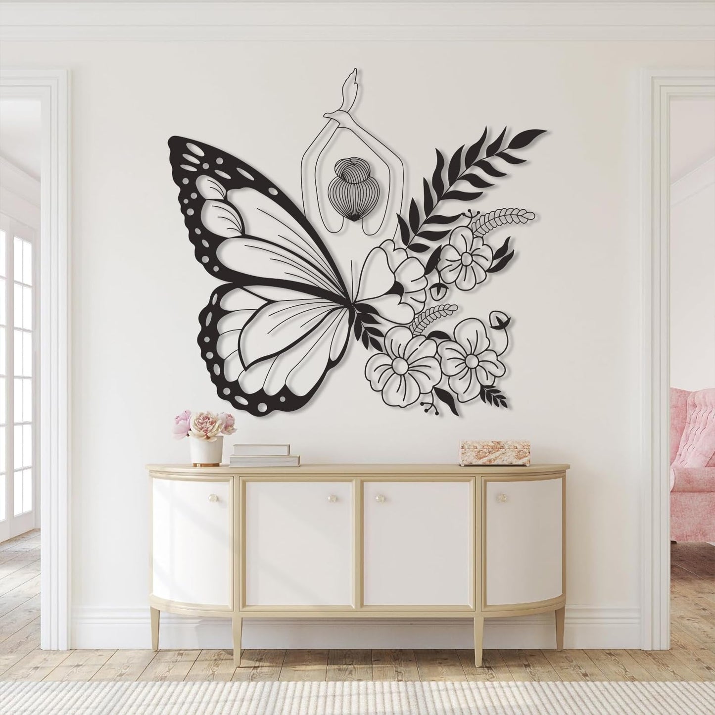 Cadeali Butterfly Woman Metal Wall Art, Flower Butterfly Wall Decor, Minimalist Line Art, Flowers Decorations, Home Living Room Decor, Gifts for Her (19 x 17 inch | 47 x 43 cm, (White)