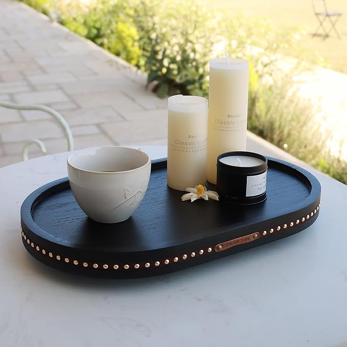 Decor Decorative Round Tray 11.81in for Home Decor for Coffee Table Farmhouse Kitchen Table Living Room Bathroom Centerpiece Tray Decor Oval Black