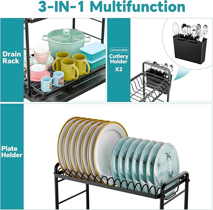 Simple Trending Dish Rack, Dish Drying Rack 2 Tier, Stainless Steel Dish Drainers with Utensil Holder and Drainboard for Kitchen Sink Organizers, 12" w x 16.6" L, Black