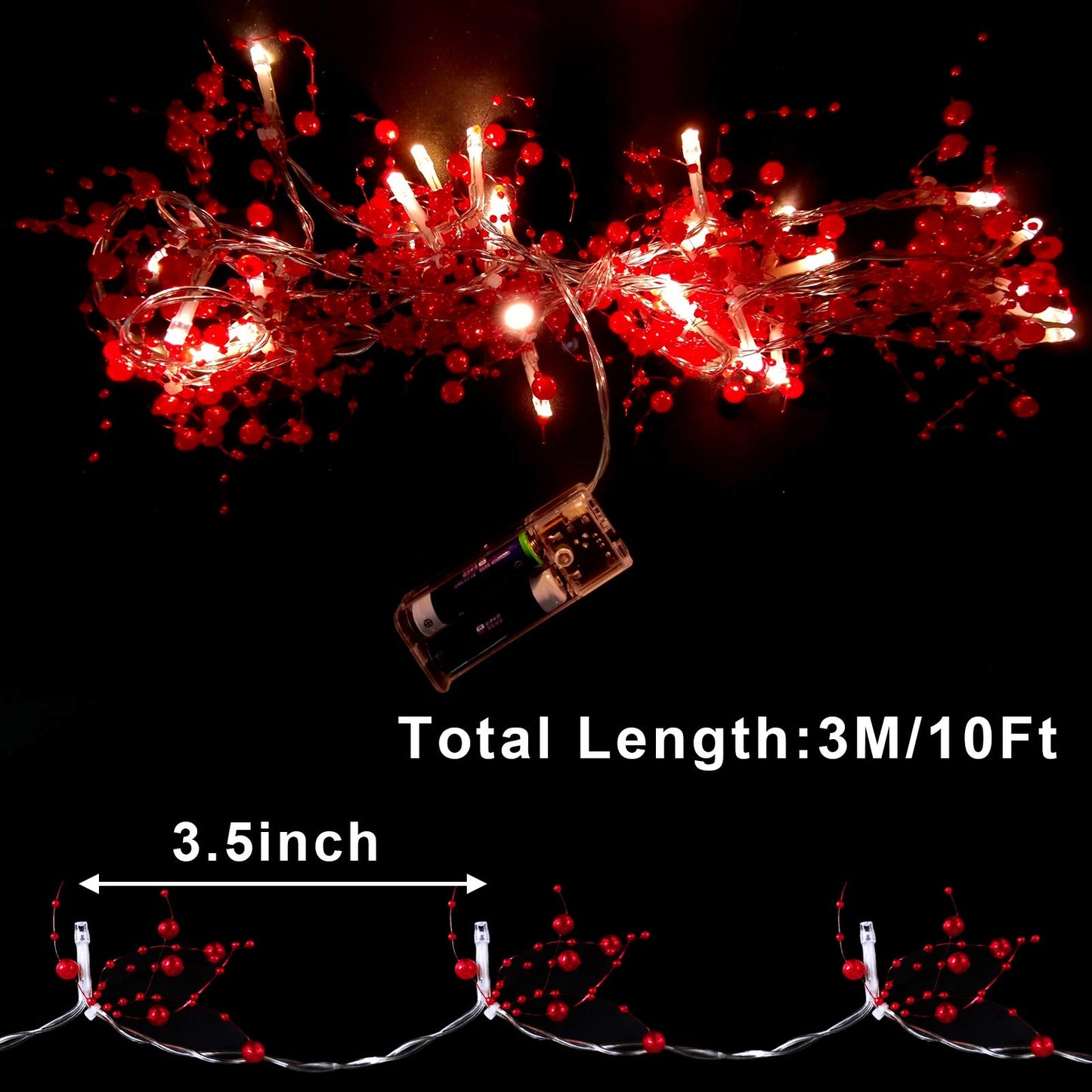 TURNMEON 10 Ft 30 LED Red Christmas Garland with Lights Timer Beaded Garland Christmas Lights Battery Operated Festive Lighted Xmas Garland Christmas Decor for Home Mantle Fireplace Table Party Decor
