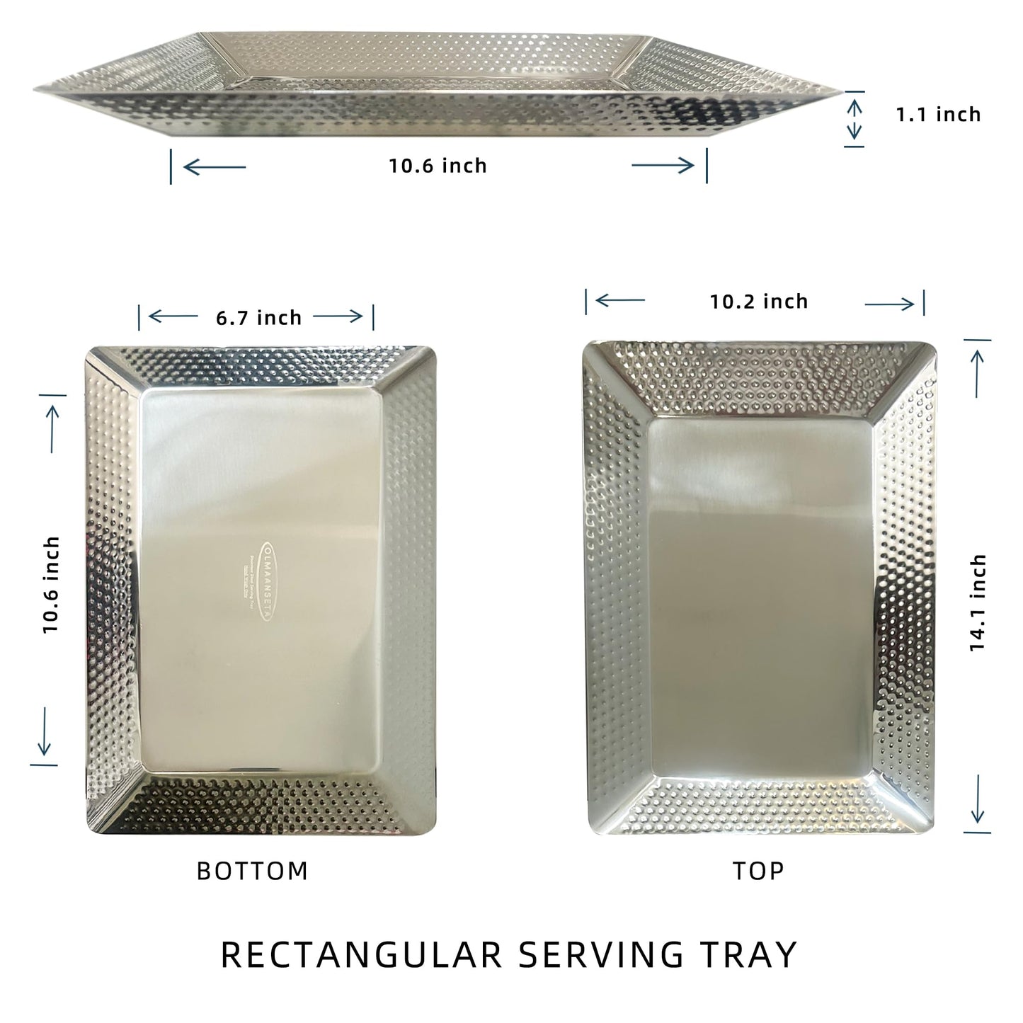 Olmaanseta Stainless Steel Rectangular Serving Tray,Multipurpose Hammered Silver Large Decorative Platters,Organizer Tray for Kitchen Or Bathroom