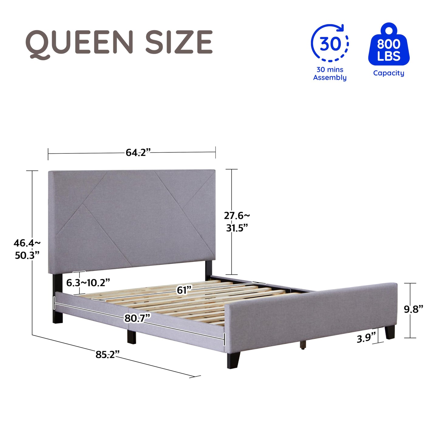Livinia Stella Queen Size Platform Bed, Fabric Upholstered Queen Bed Frame with Height Adjustable Headboard Footboard, Strong Wood Slats, No Box Spring Needed, Gray (Queen)