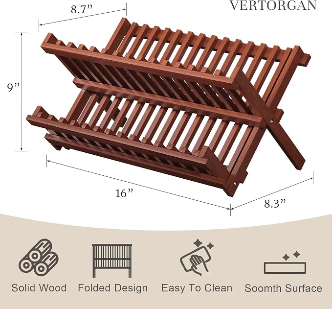 VERTORGAN Teak Dish Drying Rack,Folding Collapsible Drainer Plate Organizer Holder for Kitchen,Foldable Spice Rack for Countertop and Cabinet,Pantry Organization and Storage