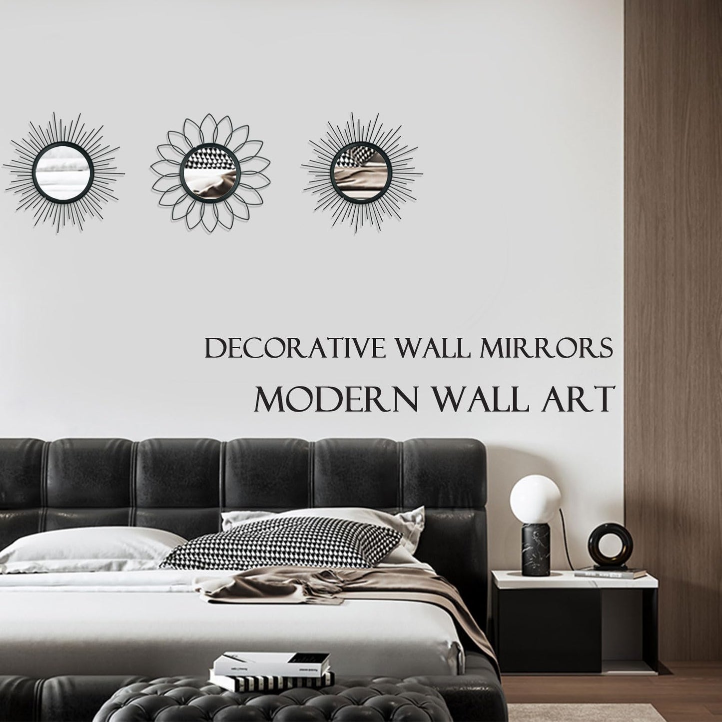 3 Pack Metal Mirrors for Wall Sunburst Wall Mirrors Home Décor Decorative Hanging Wall Art for Living Room Bedroom Entryway (Black, Flower+Sunburst)