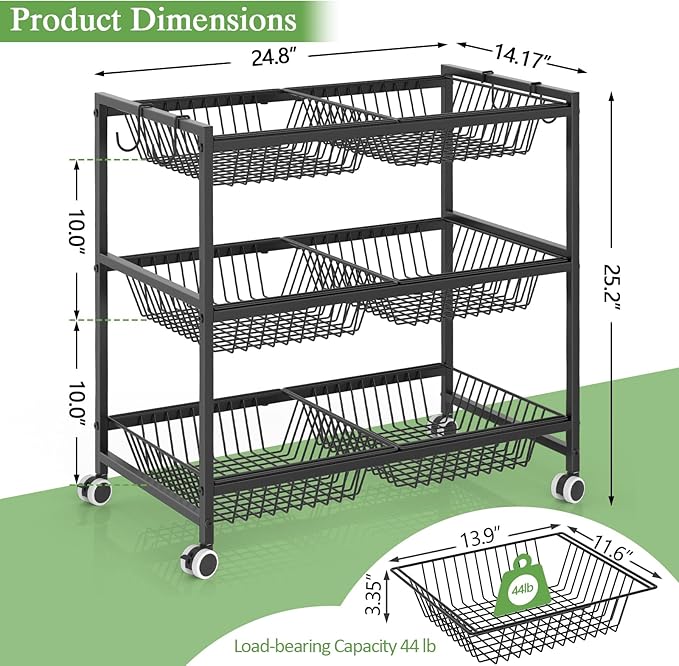 3-Tier Rolling Pantry Floor Organizer Cart with 6 Detachable Baskets, Metal Wire Fruit Basket Stand with Wheels, Kitchen Storage Cart for Fruit Vegetables, Snack Cart for Pantry Kitchen Living Room