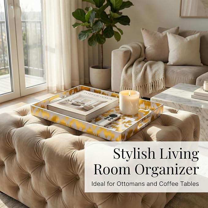 Decorative Serving Tray with Handles - 16" x 12" Large Rectangle Coffee Table Decor - Modern Gold Aesthetic Vanity Tray for Ottoman, Bedroom & Bathroom