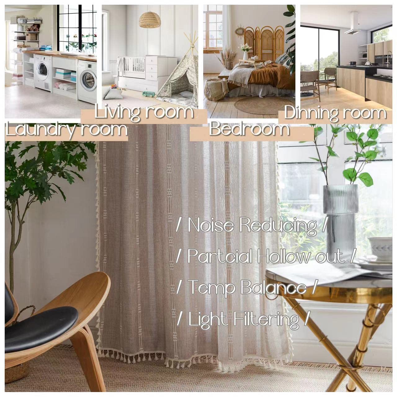Colorigan Boho Semi Blackout 63 84 96 Inches Length 2 Panels Set Farmhouse Window Curtains with Tassels, Striped Embroidered Rustic Cotton Linen Long Bohemian Curtain Drapes for Living Room, Bedroom