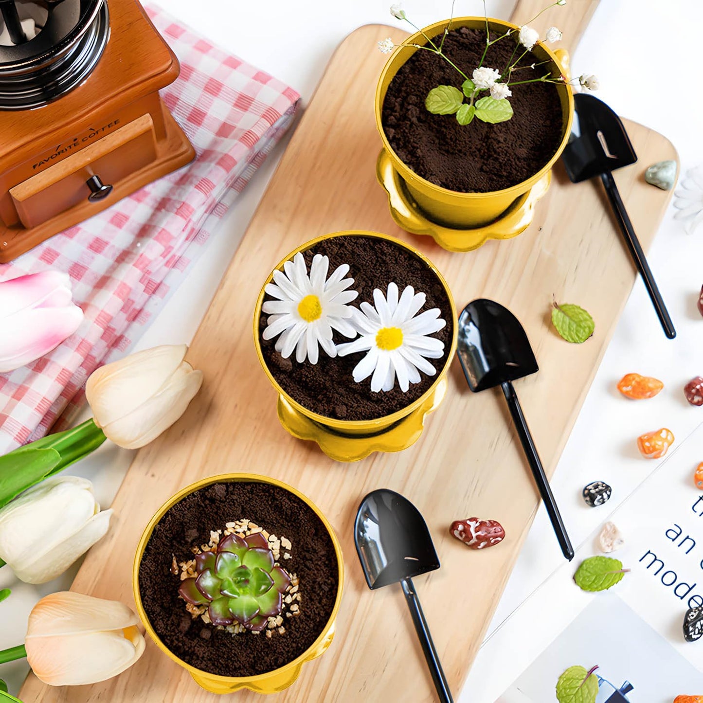20 Pcs Nursery Pots with Humidity Dome, Flower Pot Dessert Cups with Bring A Plate and Shovel, Planting Cups for Seeds for Indoor Gardening and Plant Propagation(Yellow)