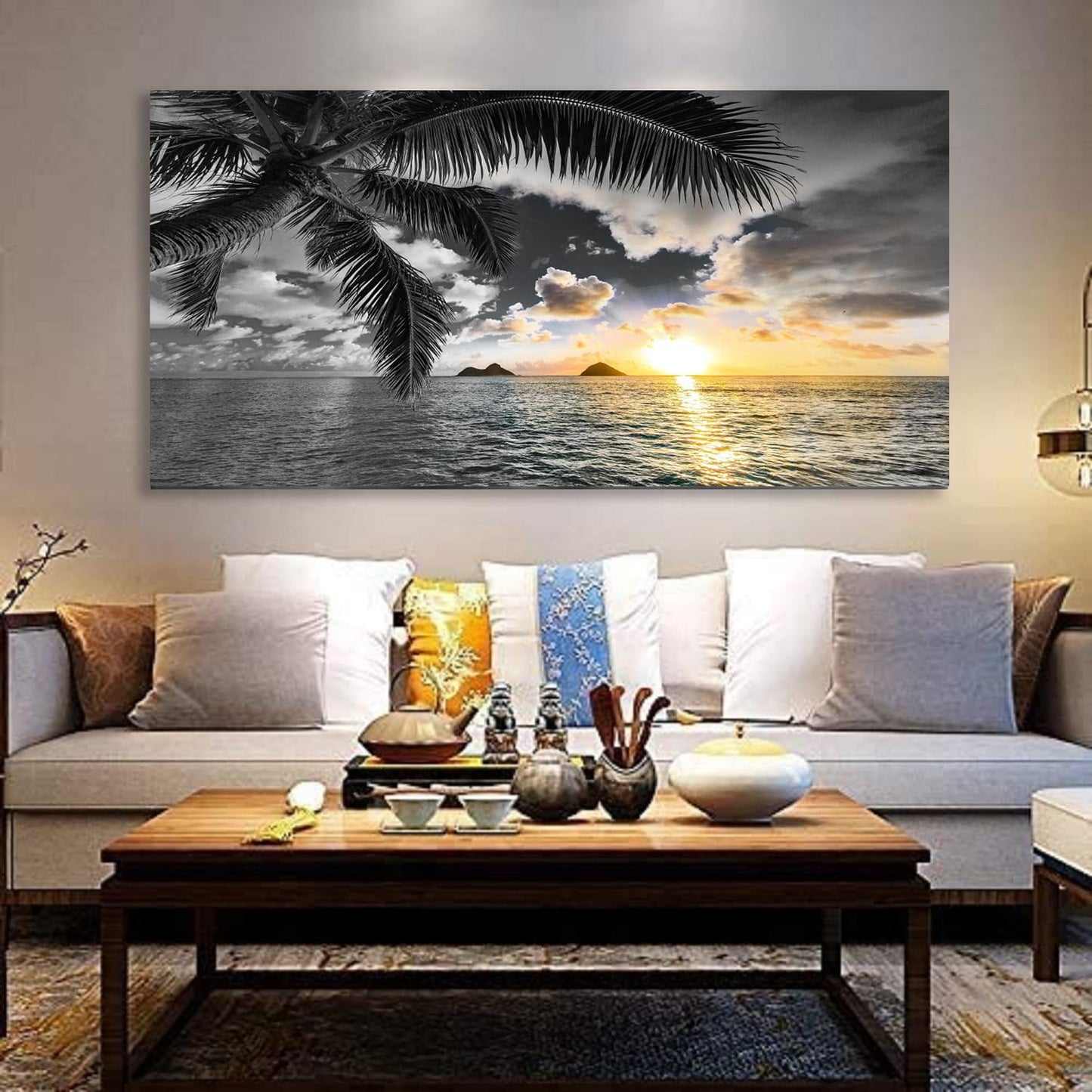 Bamdeya Wall Decor Living Room Black and White Beach Wall Art Sunset Seascape Pictures Palm Canvas Prints Art Wall Decor Bedroom Ocean Poster Painting for Home Office Decoration Scenery Artwork