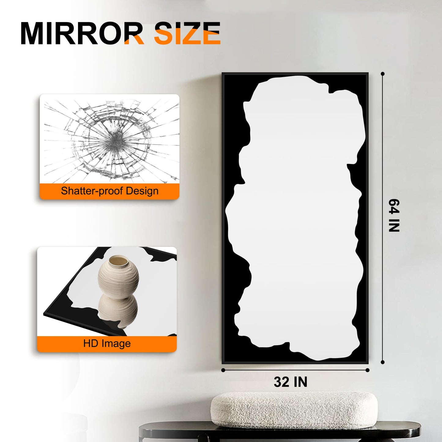 Full-Length Mirror Free Standing Leaning Mirror with Artistic Black Abstract Overlay Deco, 64"x32" Shatterproof Wall-Mounted Mirror, Perfect for Living Room, Bedroom, Cloakroom, and Bathroom Decor