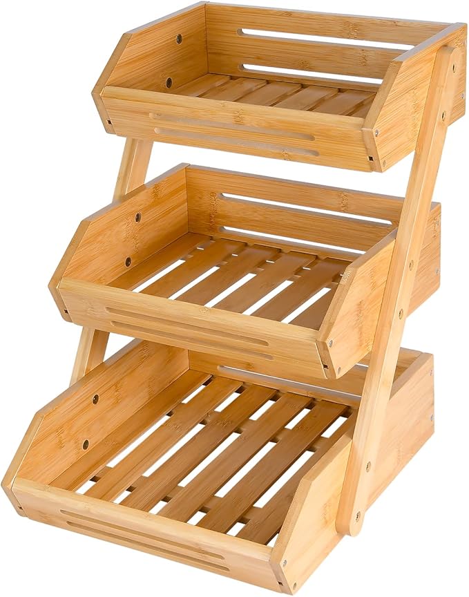 VIKEYHOME Fruit Basket, 3 Tier Bamboo Fruit Bowl for Kitchen, Stand Storage Holder, Heavy Duty/Large Capacity for Fruit, Vegetables Countertop Organizer