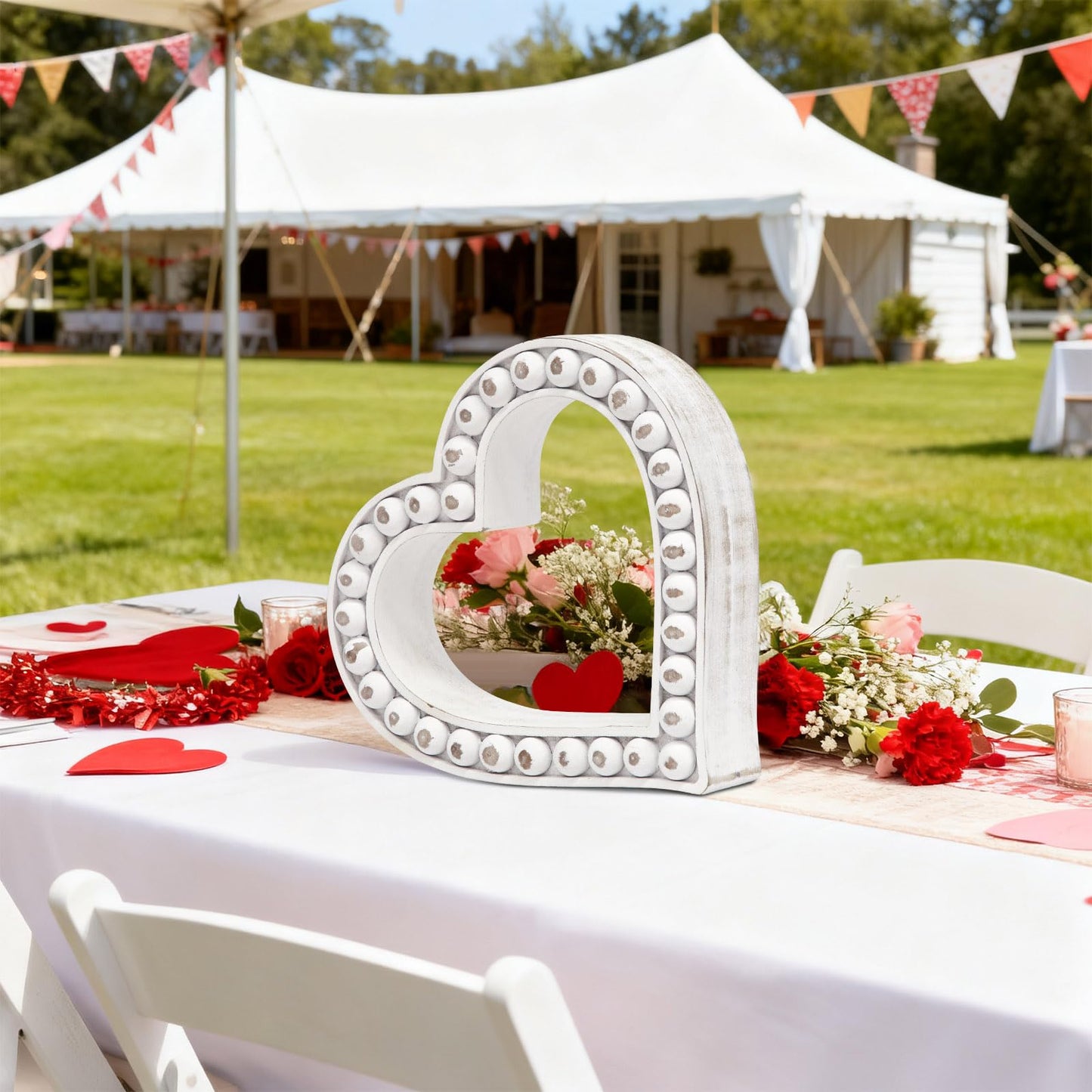 JUMBO DECOR Rustic Wooden Heart Table Decorations Sign with Beaded Design, Farmhouse Freestanding White Heart Shaped Home Family Table Decorations, Wedding Valentines Day Decor Mother's Day Gift