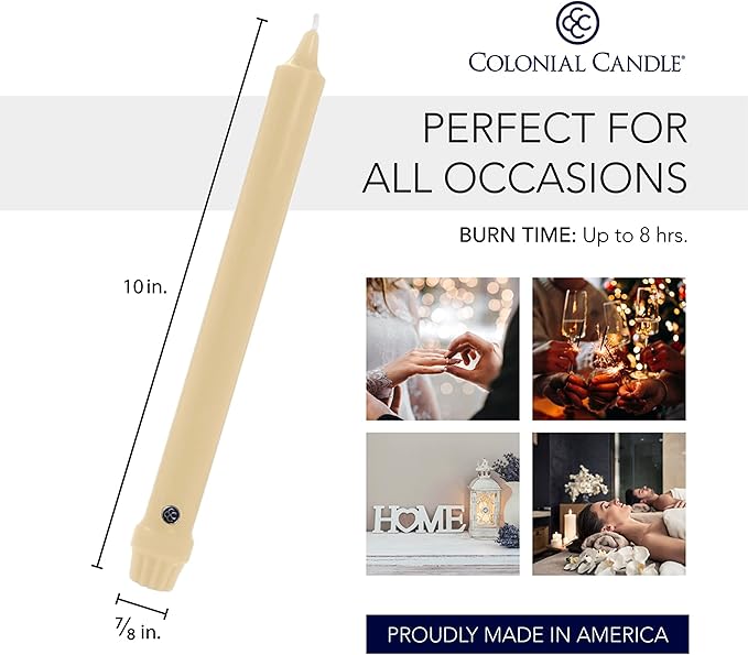 Colonial Candle Unscented Taper Candle, Classic Collection, Limoncello, 10 in, Pack of 12 - Up to 8 Hours Burn
