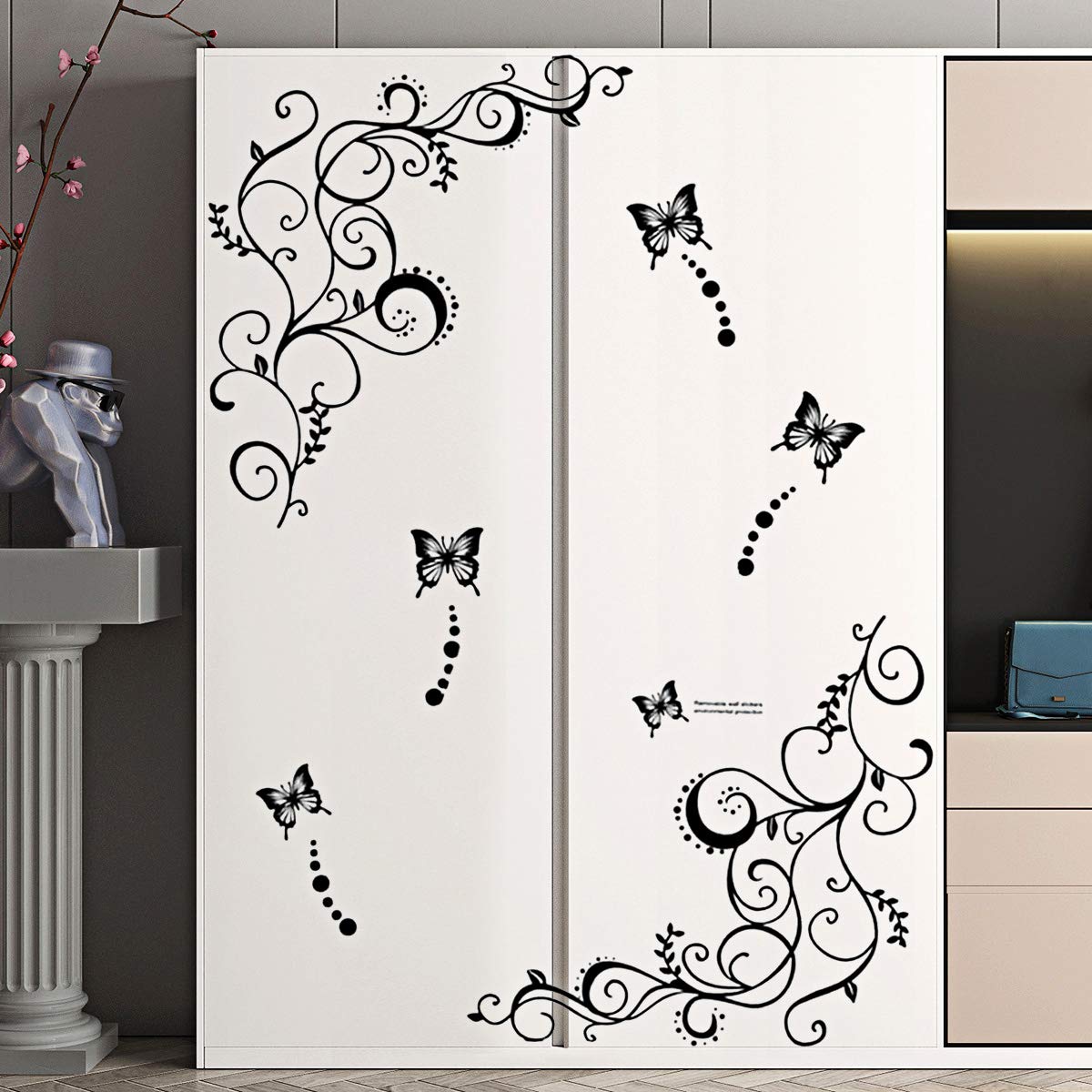 Hot Fashion Removable Vinyl DIY Black Nursery Flowers Vine and Beautiful Butterfly Wall Corner Decals Wall Sticker Murals Home Art Decor for Girls Kids Bedroom Living Room Home Decorations
