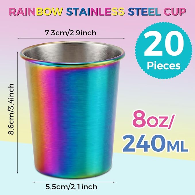 Mimorou 20 Pack 8 oz Stainless Steel Pint Cups Metal Cups Unbreakable Drinking Water Tumblers Stackable Tumbler for Adults Bar Home Restaurant Travel Picnic Camping Outdoor (Rainbow)