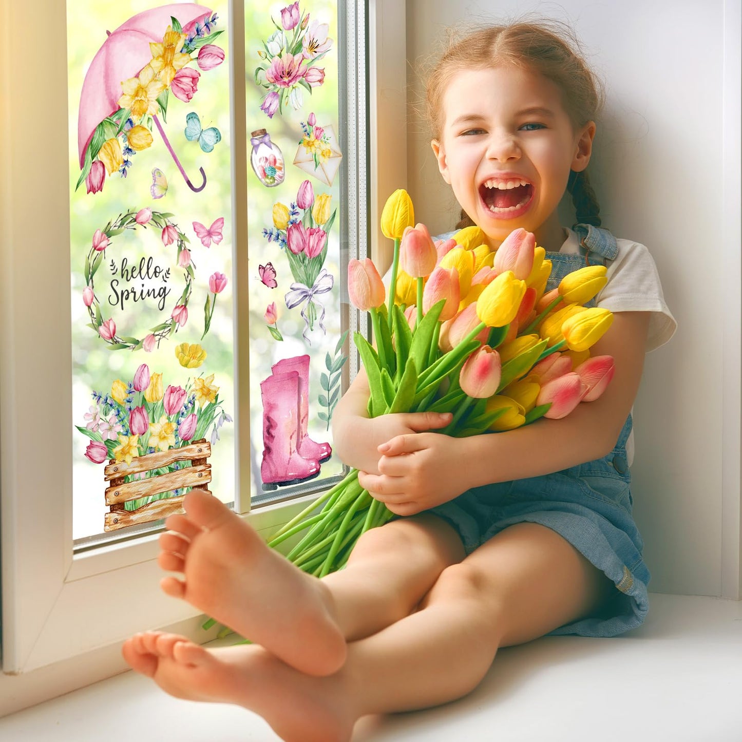 Whaline 75 Pcs Spring Summer Tulip Window Clings Tulip Flower Umbrella Truck Window Stickers Hello Spring Double-Side Glass Decals for Home Office School Party Shop Display Decoration