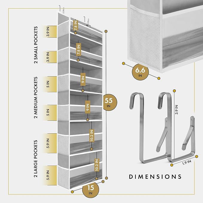 HOMELUX THEORY UPGRADED 6 Tiers Over The Door Organizer Hanging - 100D EXTRA THICK & 50lbs HUGE CAPACITY, 12 Side Mesh Pockets Over The Door Shoe Organizer, Hanging Closet Organizer (Transparent, 1pc)