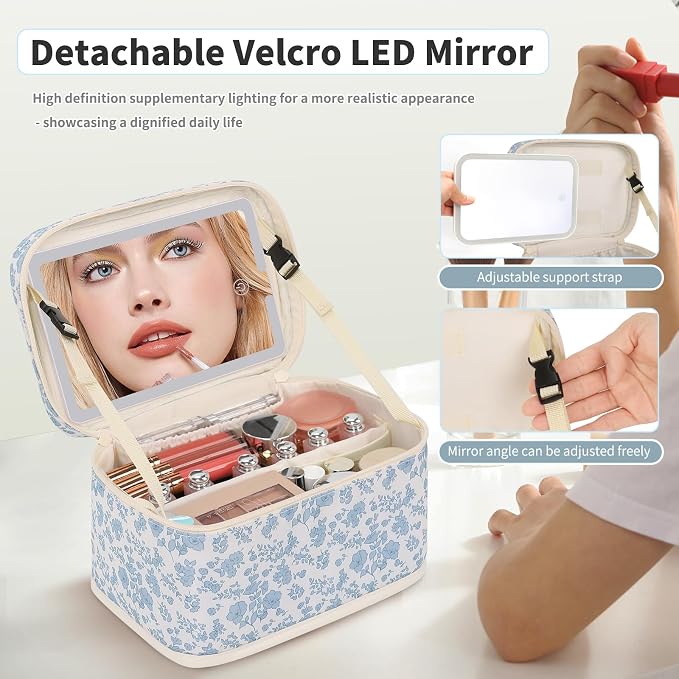 Makeup Bag With LED Mirror, Lightweight Travel Makeup Bag With 3 Color Setting Light Up Mirror Cosmetic Makeup Organizer Vanity Case for Women Beauty Tools Accessories Rechargeable Train Case-Floral