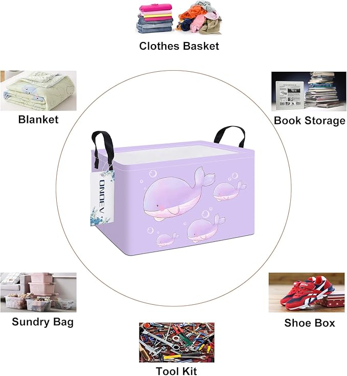 Rectangular Purple Whale Pattern Storage Bin, Decorative Canvas Laundry Basket with Dual Handles, Foldable Household Toy Organizer, Multipurpose Party Gift Basket for Bedroom Dorm
