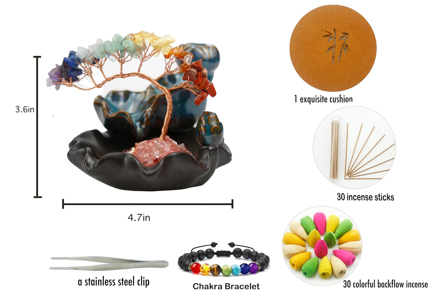 Dreamgirnh Chakras Backflow Incense Burner, Crystal Tree Incense Waterfall Fountain, Cone Incense Holde, Living Room Shelf Aesthetic Decor