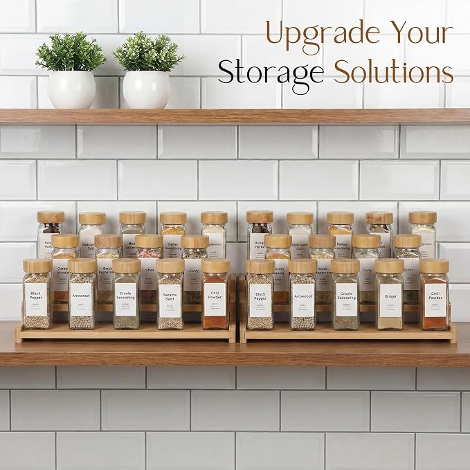 Spice Rack Organizer for Cabinet, 18in Bamboo Tiered Spice Rack，Used for Kitchen Countertops and Food Storage Room Organizer，Specially Designed for Jars and Spice Bottles(Bamboo, L)