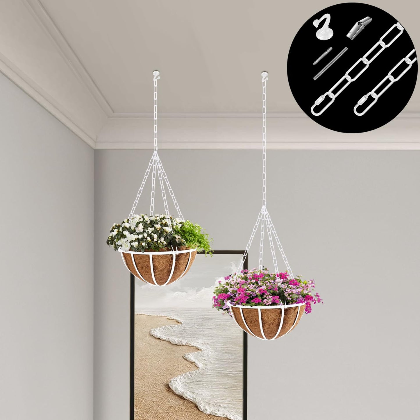 Omytie 15 Ft Heavy Duty Hanging Chain Kit with Connection Locks/Swag Ceiling Hooks for Lighting Fixture, Chandelier, Pendant, Lantern, Swag Lamp, Plant/Flower/Fruit Basket, Bird Feeder (White)