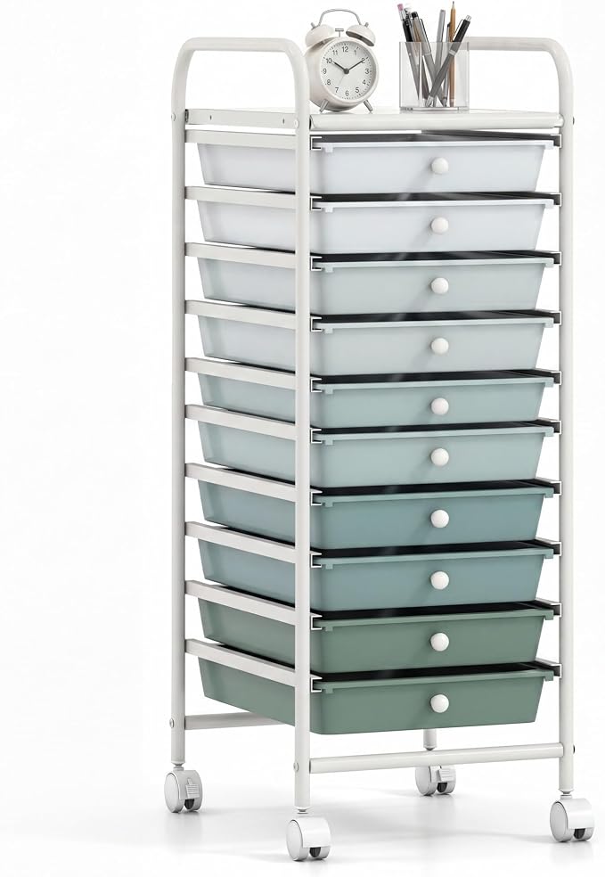 COSTWAY 10-Drawer Rolling Storage Cart, Utility Mobile Trolley with Removable Drawers & Universal Casters & 2 Brakes (Green Gradient,13"L x 15"W x 34"H (10 Drawer))