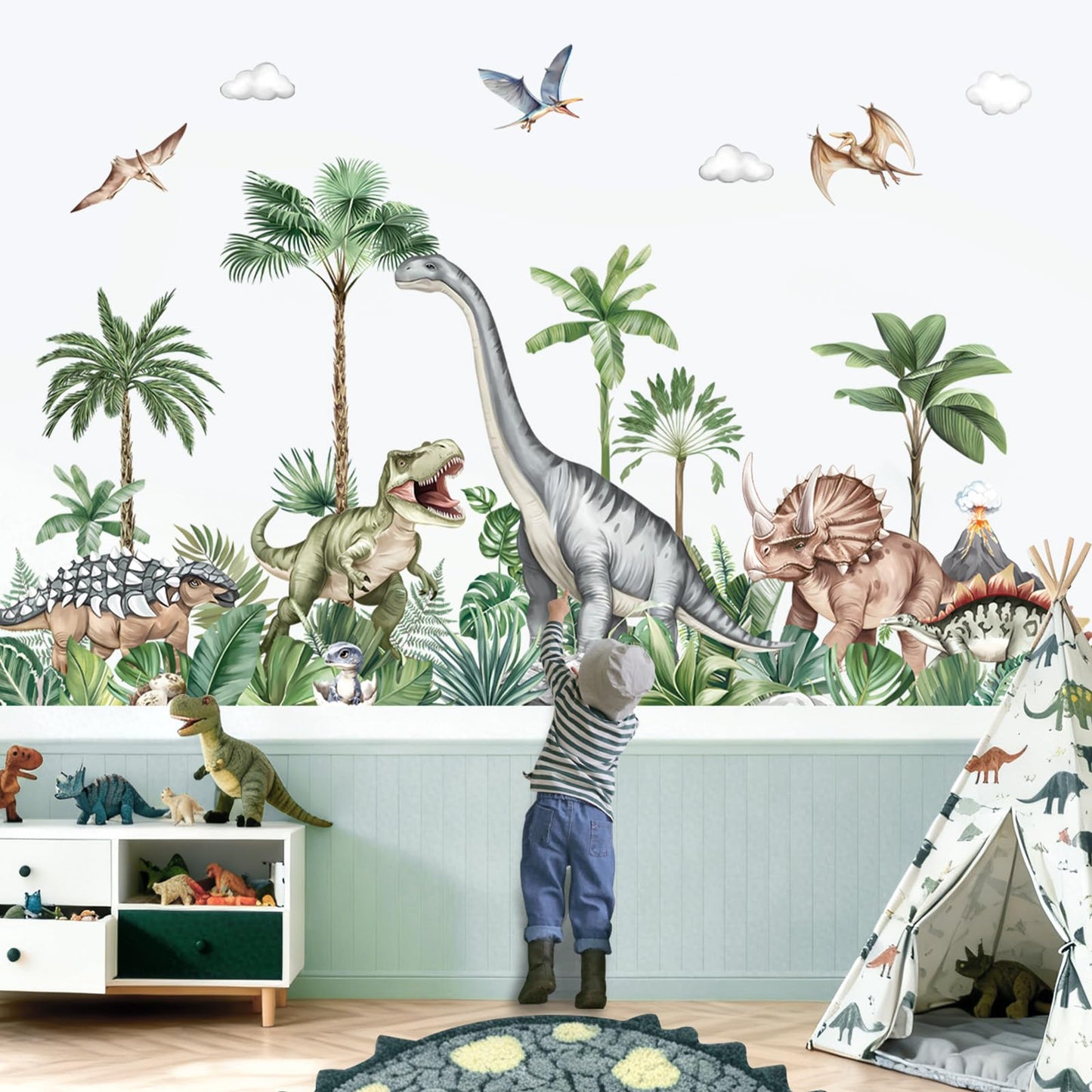 decalmile Large Dinosaurs Wall Decals Dino Animal Tropical Palm Tree Wall Stickers Living Room Baby Nursery Kids Room Home Decor(XXL)