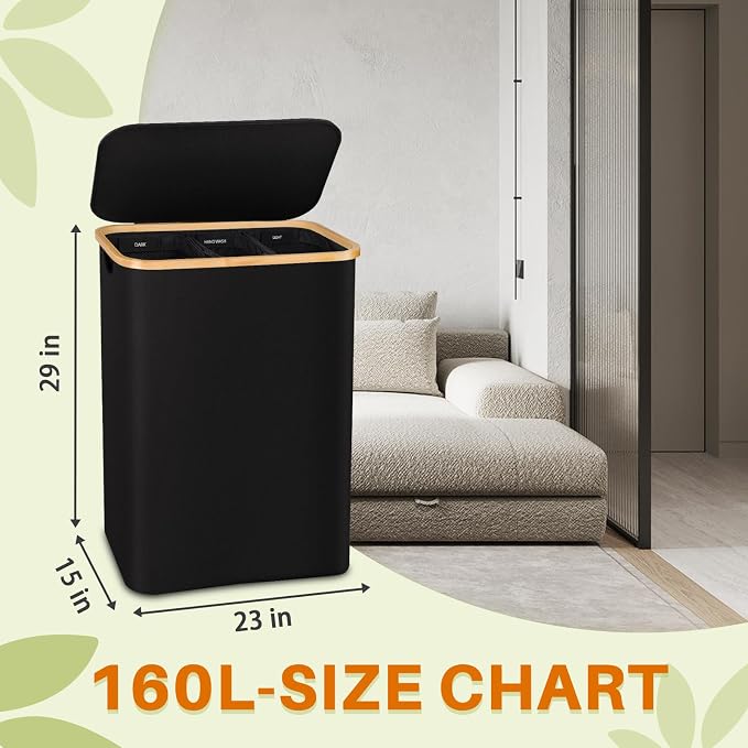 Laundry Hamper with Lid, 160L Dirty Clothes Hamper for Laundry Basket 3 Section, Extra Large Laundry Sorter Hamper 3 Compartment with Removable Inner Bags & Labels, Black
