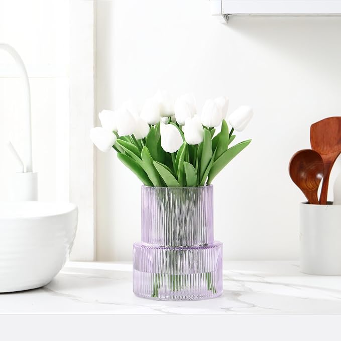 Ribbed Glass Vase, Flower Vase, Fluted Purple Vases for Flowers, Modern Vases for Living Room, Dining Table, Entryway, Shelf, Wedding, Office, Coffee Table, Birthday, 7.5 Inches